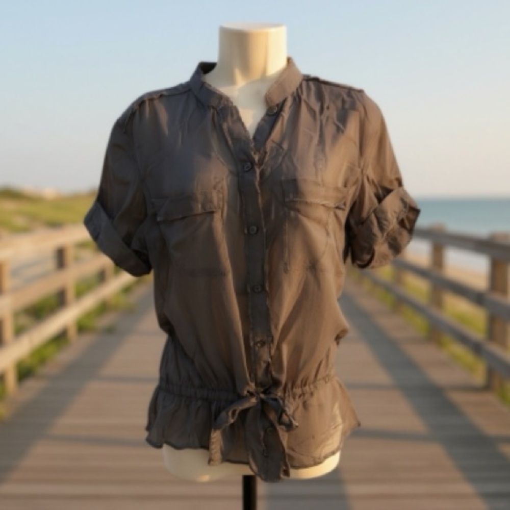 LOFT Boho Shiny Sheer Light Gray Top. Size Small